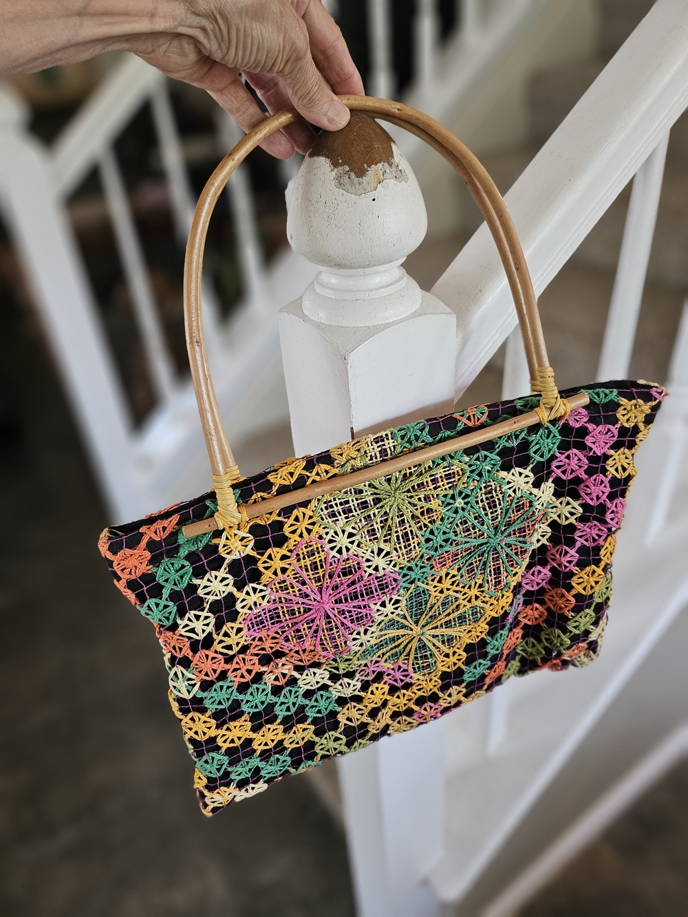 Colorful Hand Embroidered Crochet Tote with Bamboo Handles Black Bas Multicolor